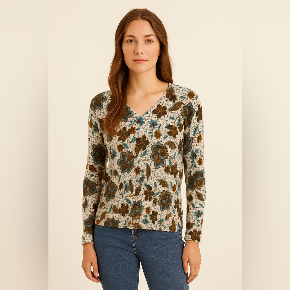 Garnet Hill floral print 100% cashmere V neck sweater size extra small‎